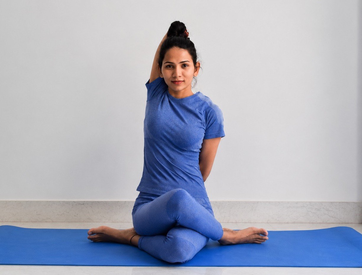 Seated spinal twist yoga pose for flexibility and posture by Asma Fitness